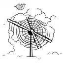 A minimalist tattoo of a windmill (symbolizing Don Quixote) surrounded by nature elements like trees and mountains. tattoo design idea