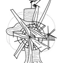 A minimalist tattoo of a windmill (symbolizing Don Quixote) surrounded by nature elements like trees and mountains. tattoo design idea