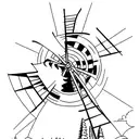 A minimalist tattoo of a windmill (symbolizing Don Quixote) surrounded by nature elements like trees and mountains. tattoo design idea