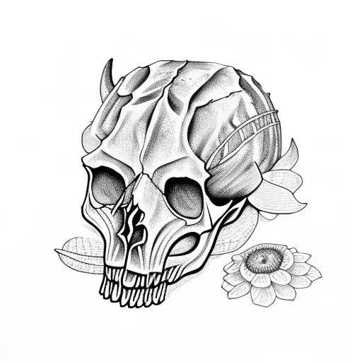 longhorn skull with field flowers surrounding it and grasses weaving through the skull tattoo design idea