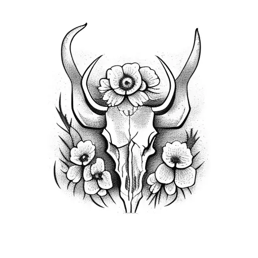 longhorn skull with field flowers surrounding it and grasses weaving through the skull tattoo design idea