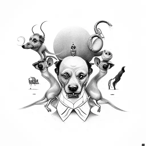 mc echer style incorportaing dali with small black dogs, bicycles, propeller plans tattoo design idea
