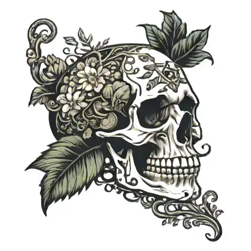 Skull with plants and vines and mushrooms growing tattoo design idea