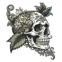 Skull with plants and vines and mushrooms growing tattoo design idea