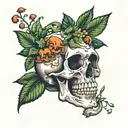 Skull with plants and vines and mushrooms growing tattoo design idea