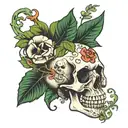 Skull with plants and vines and mushrooms growing tattoo design idea