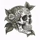 Skull with plants and vines and mushrooms growing tattoo design idea