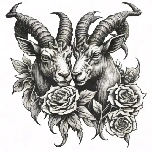 two-headed goat, flowers, horns, demon, full-length tattoo design idea