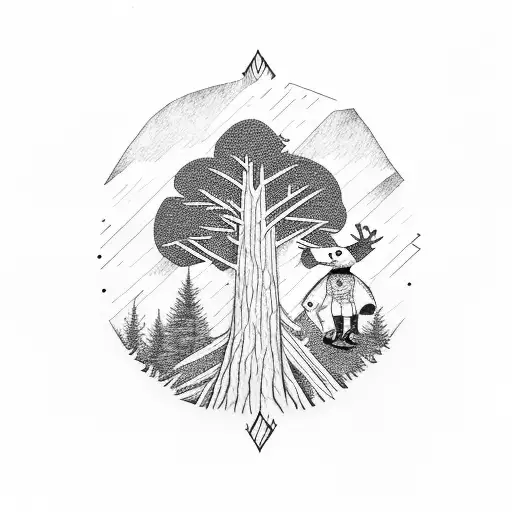 A forest scene with punk rock-inspired tree trunks and a bear playing drums tattoo design idea