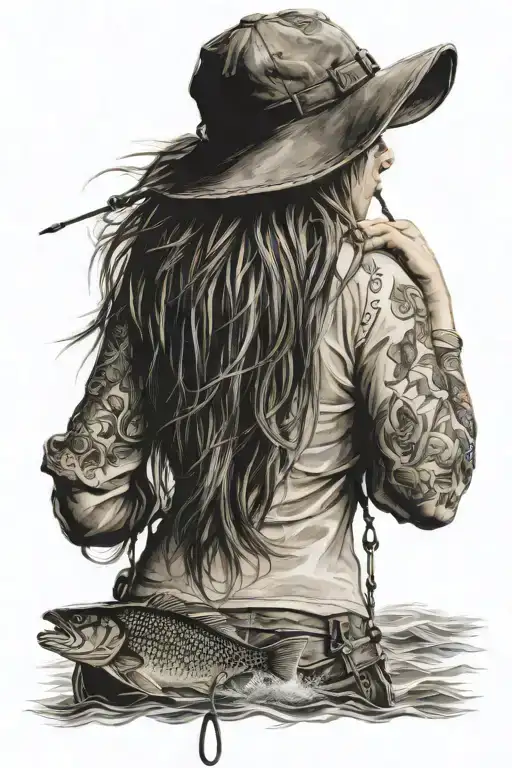 fishing girl back profile in weathers  tattoo design idea