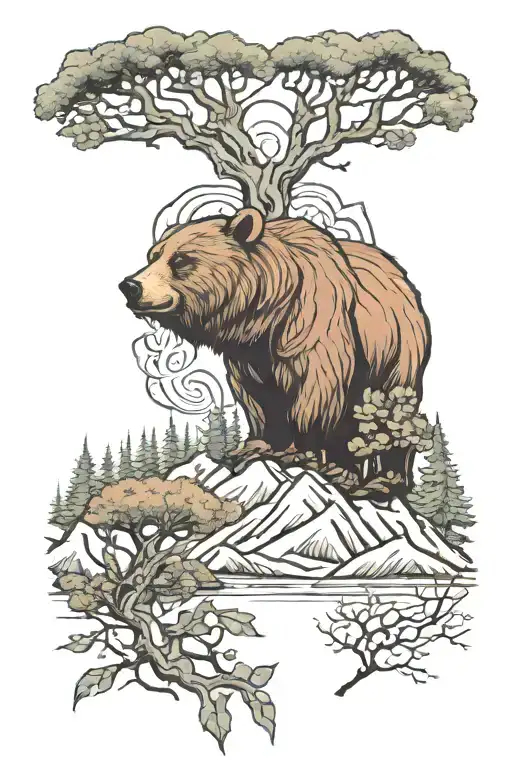 bear head norse trees viking mountain landscape salmon  tattoo design idea
