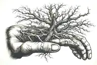 long leafless tree coming out of 1 finger of the creation of adam hand tattoo design idea