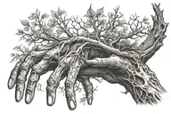 long leafless tree coming out of 1 finger of the creation of adam hand tattoo design idea