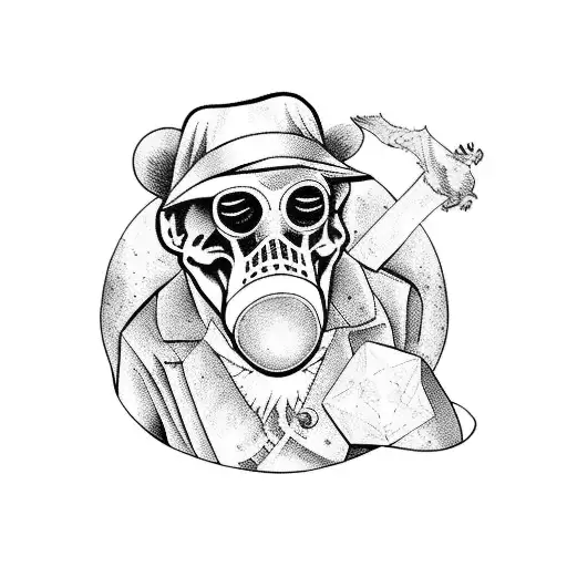 River going through a gorge with a grateful dead dancing bear and a plague doctor tattoo design idea