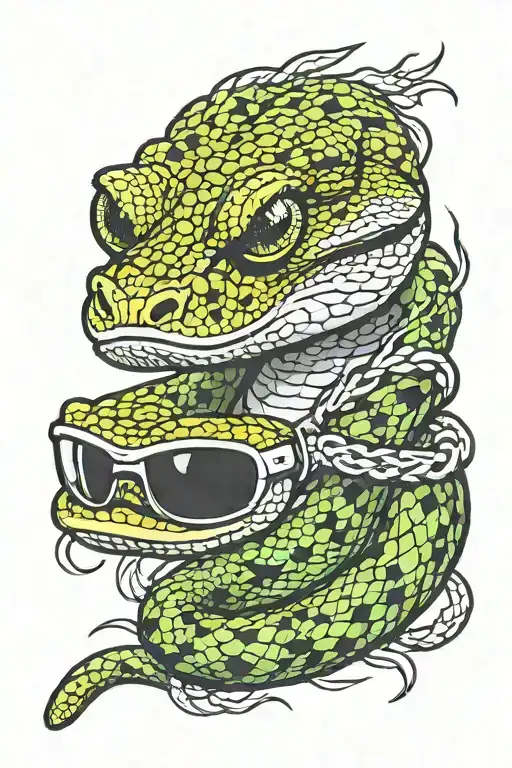 pit viper snake with mullet and sunglasses looking tattoo design idea