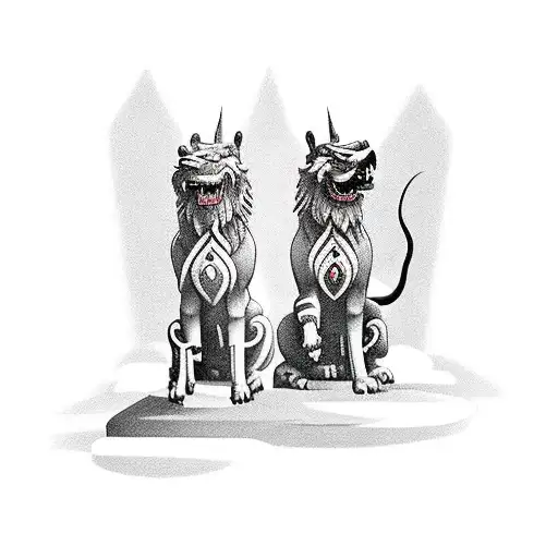A pair of Fu Dogs stand tall and proud, guarding a serene bamboo forest. Their imposing presence exudes wisdom and protection, embodying the perfect balance between strength and tranquility. tattoo design idea