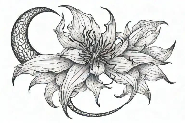 spiderlily with moon surrounded tattoo design idea
