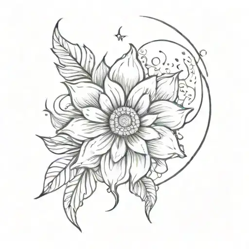 A sketch of a flower blooming under a smiling moon tattoo design idea