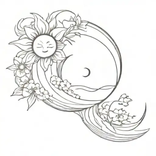 sun, moon, wave, flowers tattoo design idea