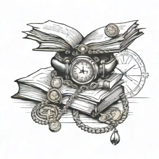 Incorporate a stack of books with a watch strap and coins attached into a unique tattoo design tattoo design idea