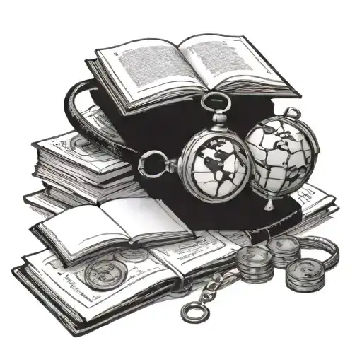 Incorporate a stack of books with a watch strap and coins attached into a unique tattoo design with a globe tattoo design idea