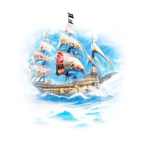 ghost pirate ship, under water shark tattoo design idea