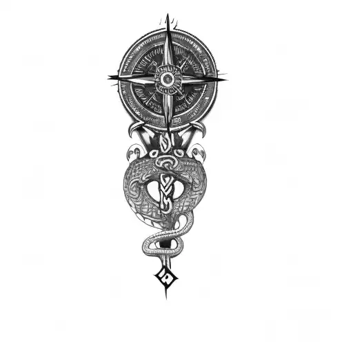 a viking compass, circle the compass with the world serpent tattoo design idea