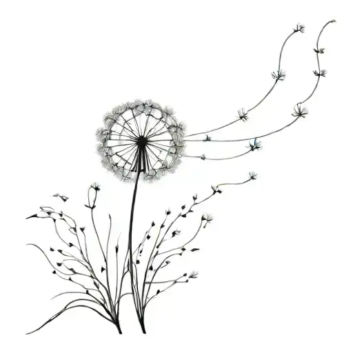 A minimalist tattoo design reflecting innocence and positivity, with a dandelion blowing in the wind tattoo design idea