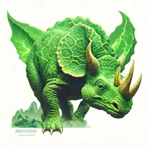 Triceratops with realistic details emphasizing each scale and shading the horns on its head correctly, with a vibrant green glow to make the tattoo stand out and help other details pop. Add rain mountains and lightning in the background, being mindful not to distract from the details. Perhaps varying color tones and light clouds will make this natural scene more realistic. tattoo design idea