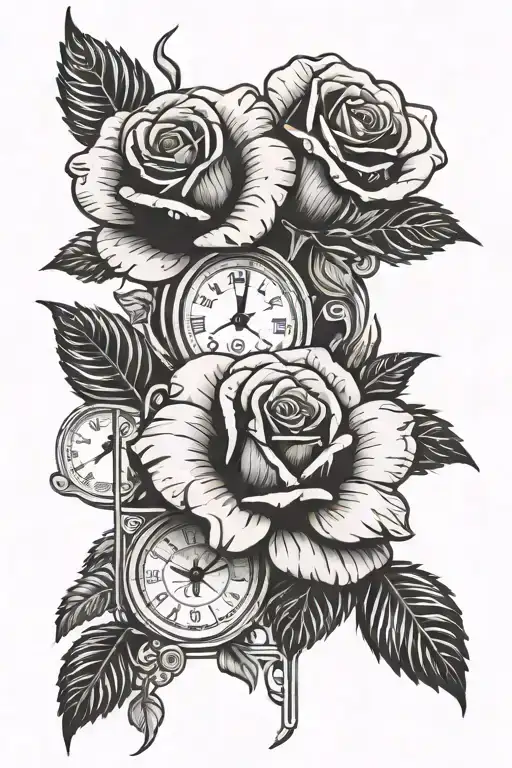 Roses made of money rose, slot machine showing 777, clock showing 111 tattoo design idea
