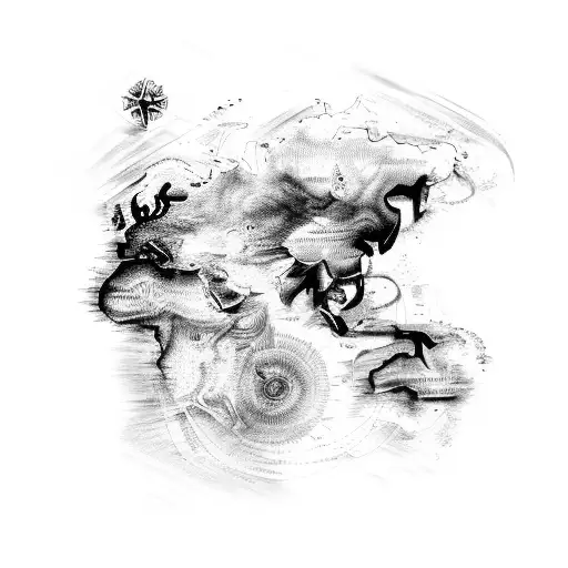 A mystical figure drawing a map with magical ink, representing the power of manipulation in international trade tattoo design idea