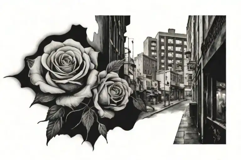 An urban street scene with hidden rose details scattered throughout tattoo design idea