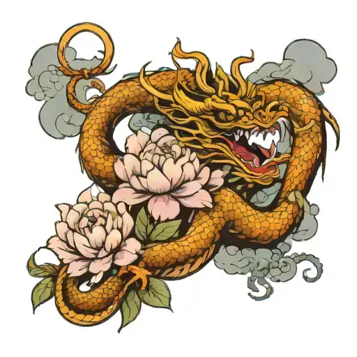 chinese dragon with peonies and clouds surrounding tattoo design idea