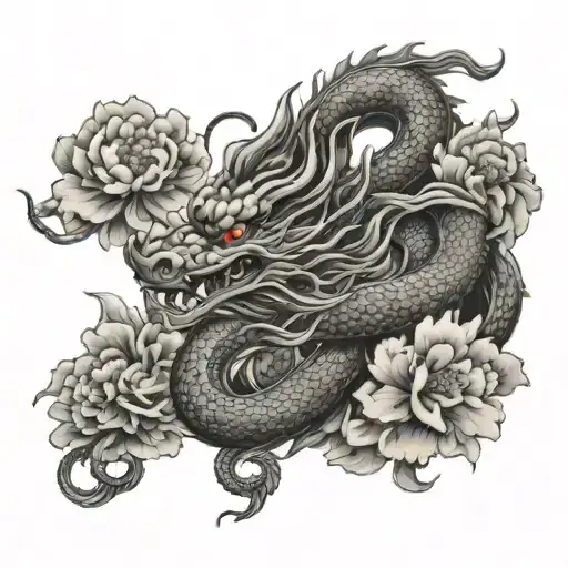 chinese dragon with peonies and clouds floating tattoo design idea