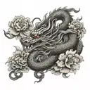 chinese dragon with peonies and clouds floating tattoo design idea