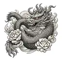 chinese dragon with peonies and clouds floating tattoo design idea