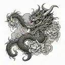 chinese dragon with peonies and clouds floating tattoo design idea