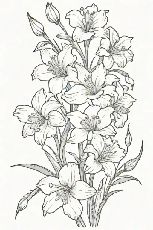 Bouquet of flowers with carnations, Gladiolus flowers, cosmo flowers, and Narcissus flowers tattoo design idea