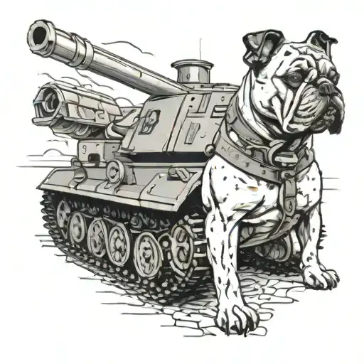 A mechanic working on a military tank with a Continental Bulldog as his loyal companion tattoo design idea