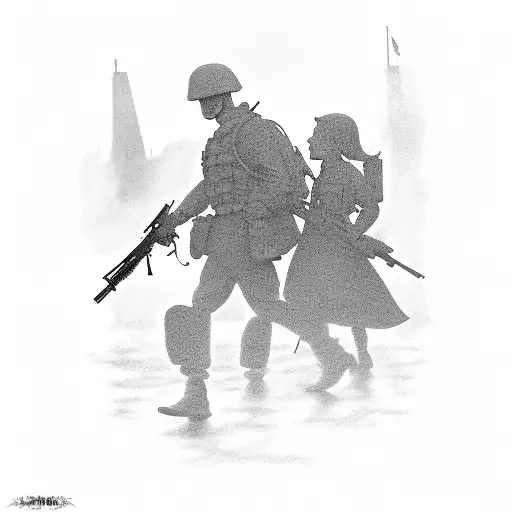 A silhouette of a soldier, to siblings and a nurse embracing each other tattoo design idea