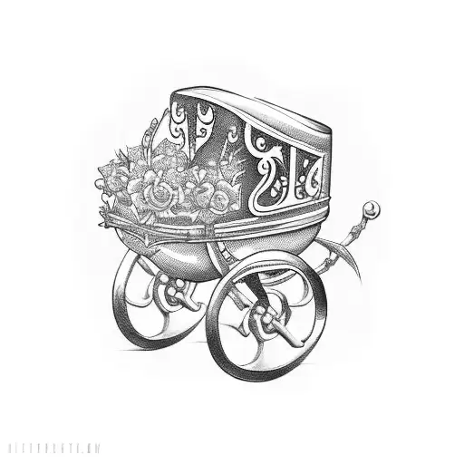 A gothic-inspired tattoo of a baby carriage (guagua) with intricate details and shading tattoo design idea
