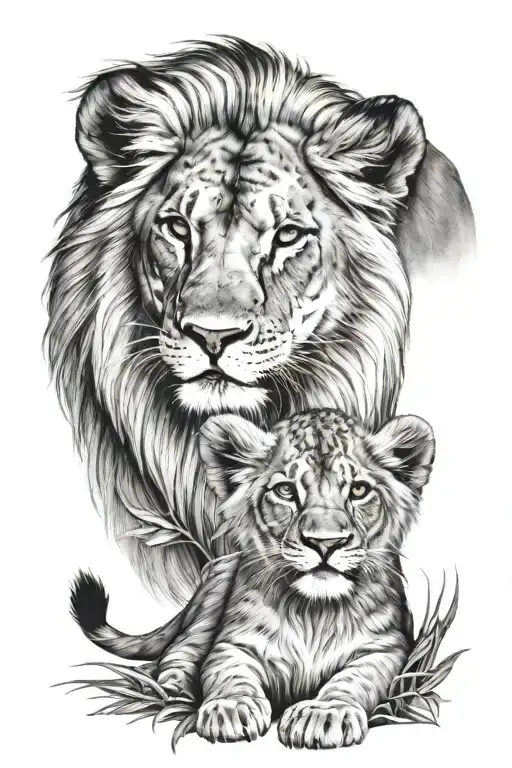 Black and Grey "Male Lion Female Lion Lion Cub Looking" Tattoo Idea