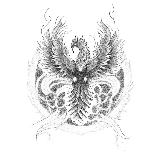 A blackwork tattoo of a phoenix breaking free from chains, symbolizing the struggle of a DJ's journey tattoo design idea