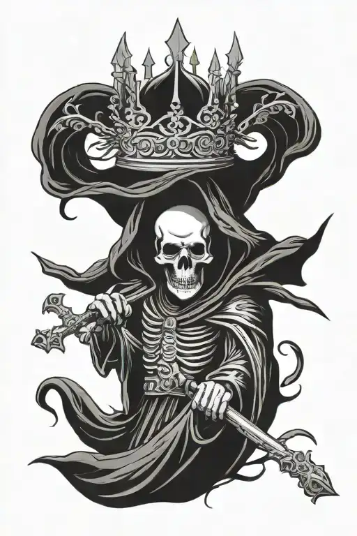 grim reaper with crown holding a catholic cross tattoo design idea