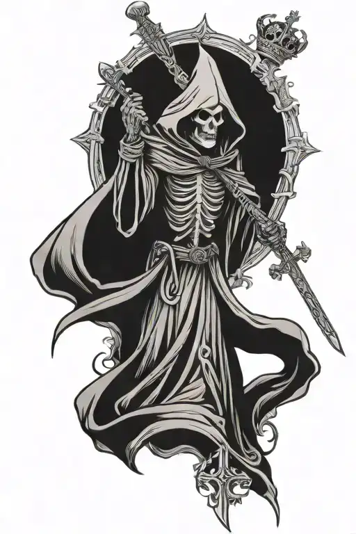 grim reaper with crown and catholic cross tattoo design idea