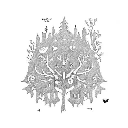 A blackwork tattoo of a mystical forest with hidden books and string instruments scattered throughout, creating a whimsical and enchanting design tattoo design idea