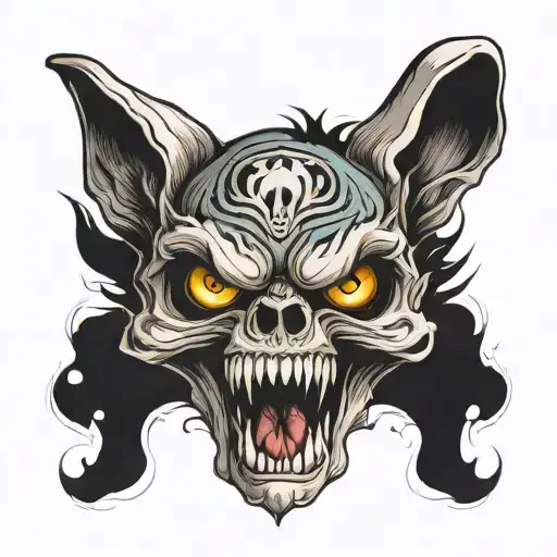 skull with wolf's coming out eyes and mouth open tattoo design idea