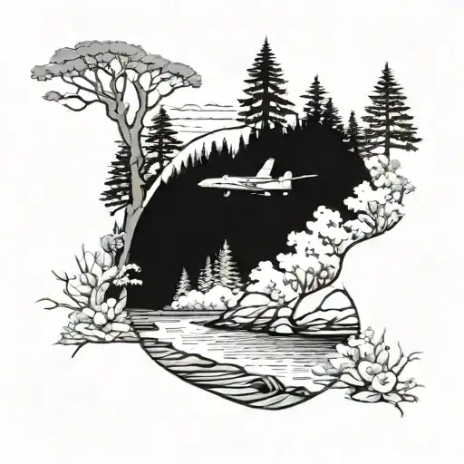 A serene creek winding through a forest with hidden military aircraft silhouettes in the background tattoo design idea