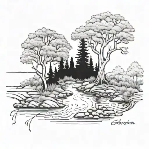 A serene creek winding through a forest scene, with hidden messages of faith and spirituality intertwined in the roots of the trees tattoo design idea