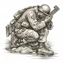 A soldier kneeling in prayer by a creek with a cross in the background tattoo design idea